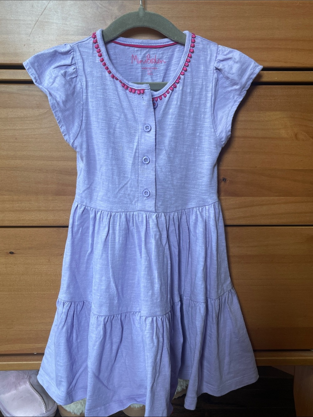 Mini Boden Light Purple Tiered Cotton Dress with Pink Trim